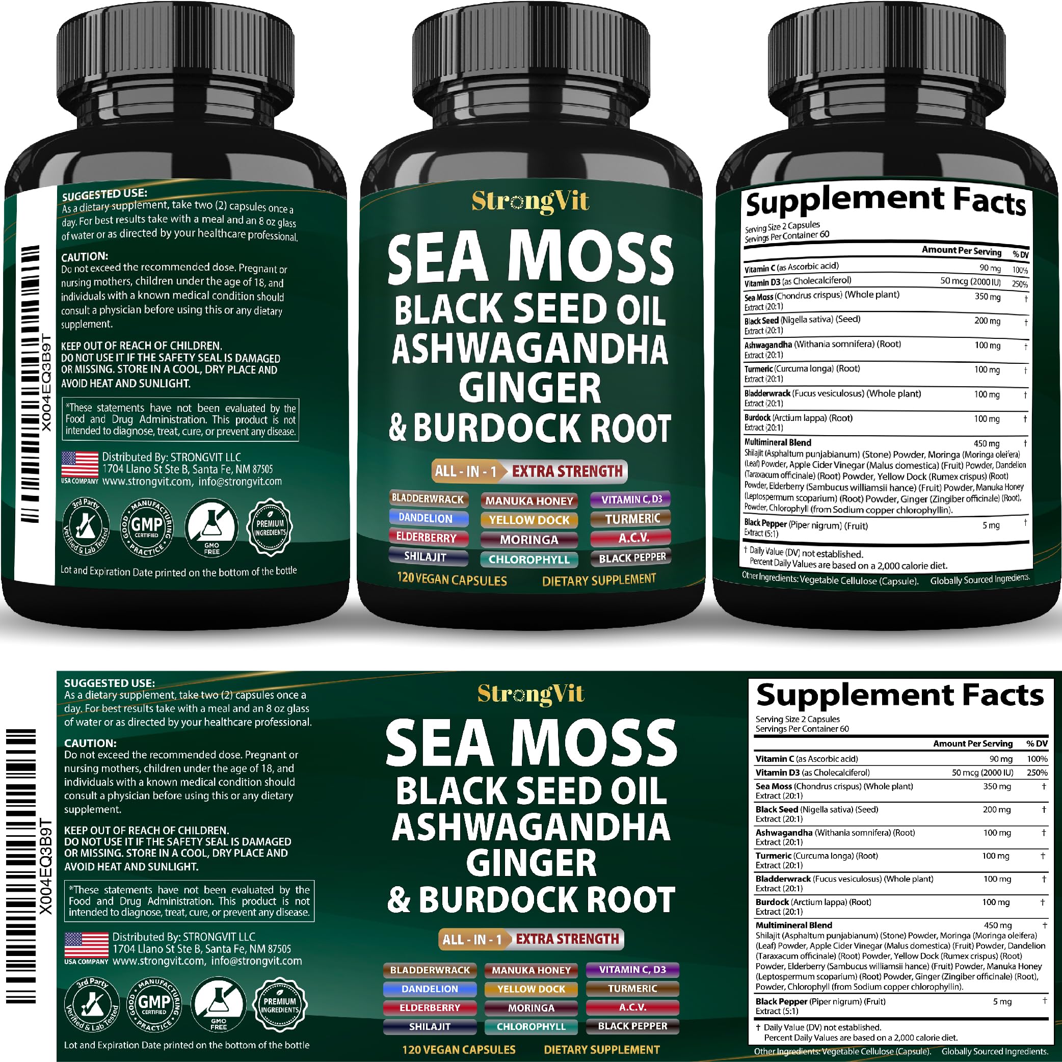 Sea Moss Black Seed Oil Ashwagandha Ginger, Organic Sea Moss Capsules with Burdock Root, Irish Seamoss Pills with Bladderwrack, Turmeric, Shilajit, Multimineral Supplement, USA (120 Capsules)