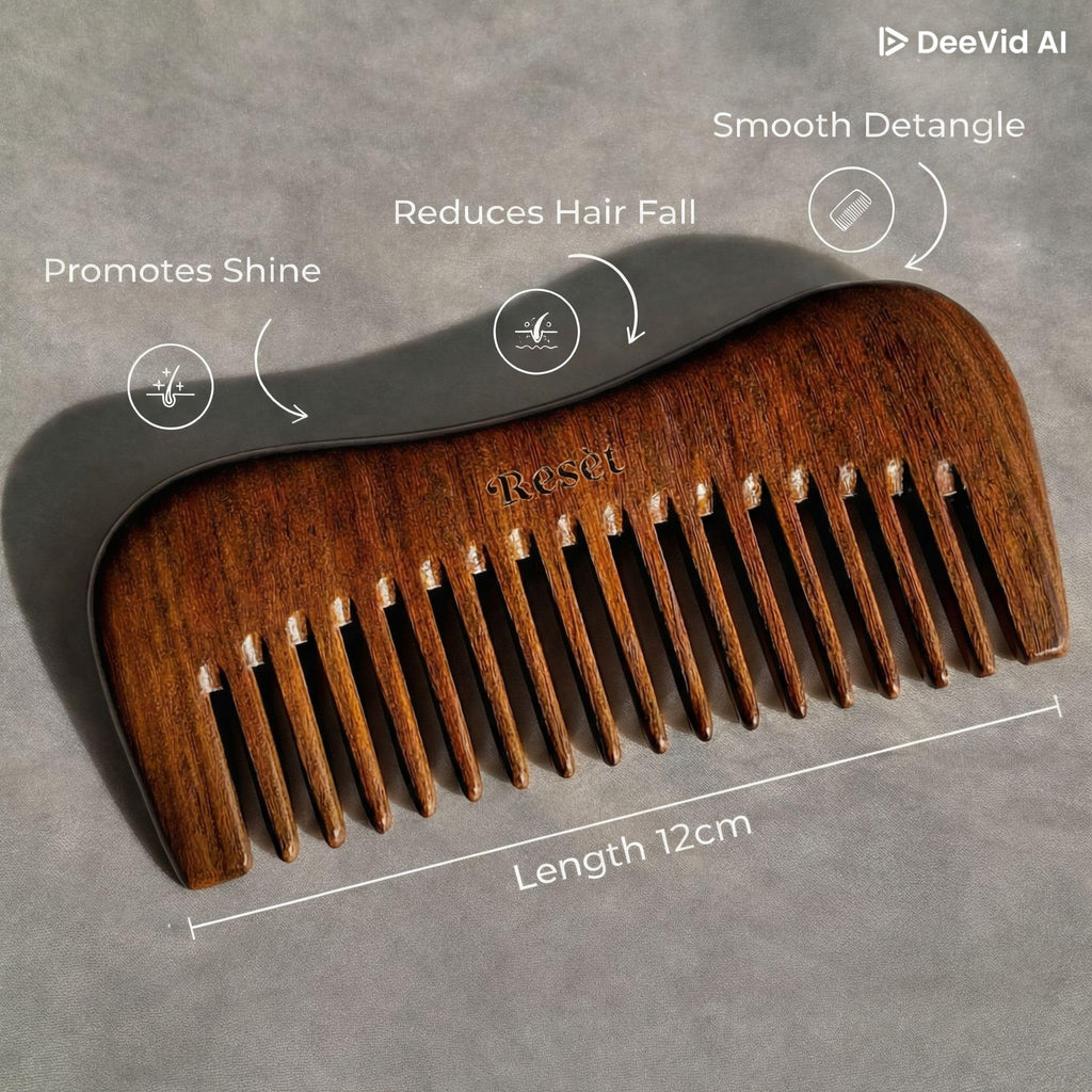Resèt 100% Natural Handmade Sandalwood Comb | Soft Wide Tooth Wooden Comb | Eco-Friendly Anti-Static Wooden Massage Comb | Wooden Hair Detangler for Men and Women