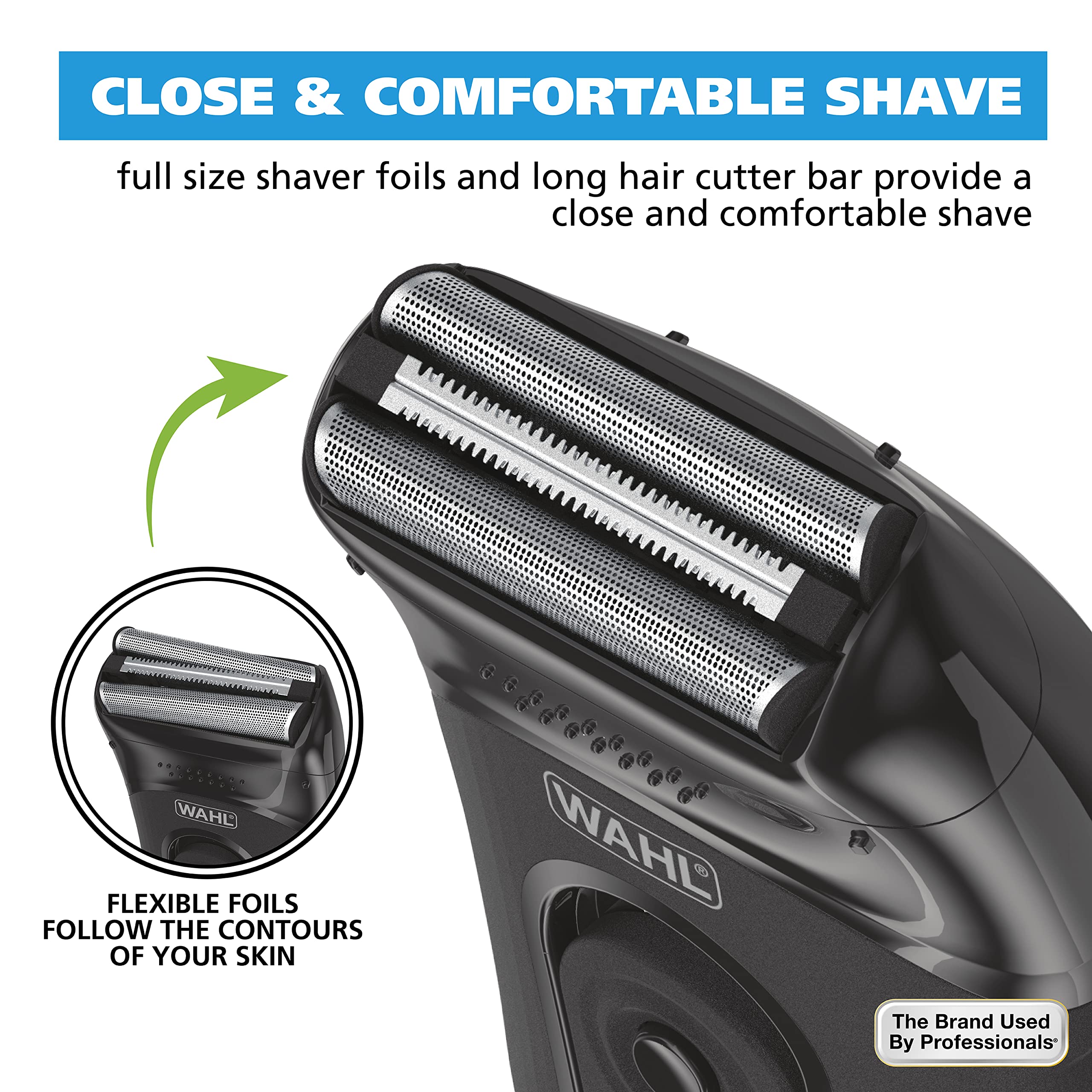 Wahl Compact Rechargeable Lithium Ion Shaver Kit with Hygienic Rinseable Foils & Cutter Bar with Dual Flexible Foils that Move with the Contours of Your Face - 7065