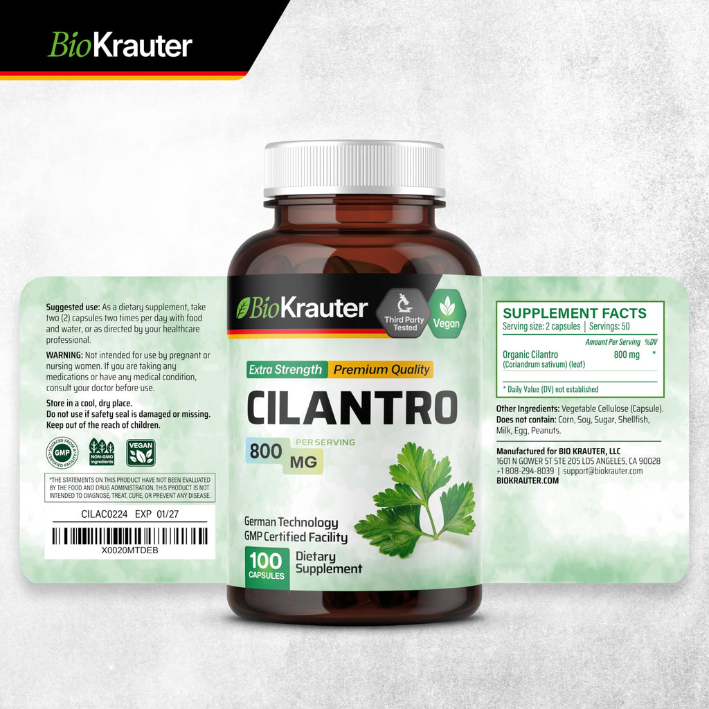 BIO KRAUTER® Cilantro for Detox Cleanse - Vegan Cilantro Capsules (Coriander Leaf Powder) 800 mg per Serving - Natural Detox & Antioxidant Supplement - 100 Capsules, Non-GMO Herbal Supplements