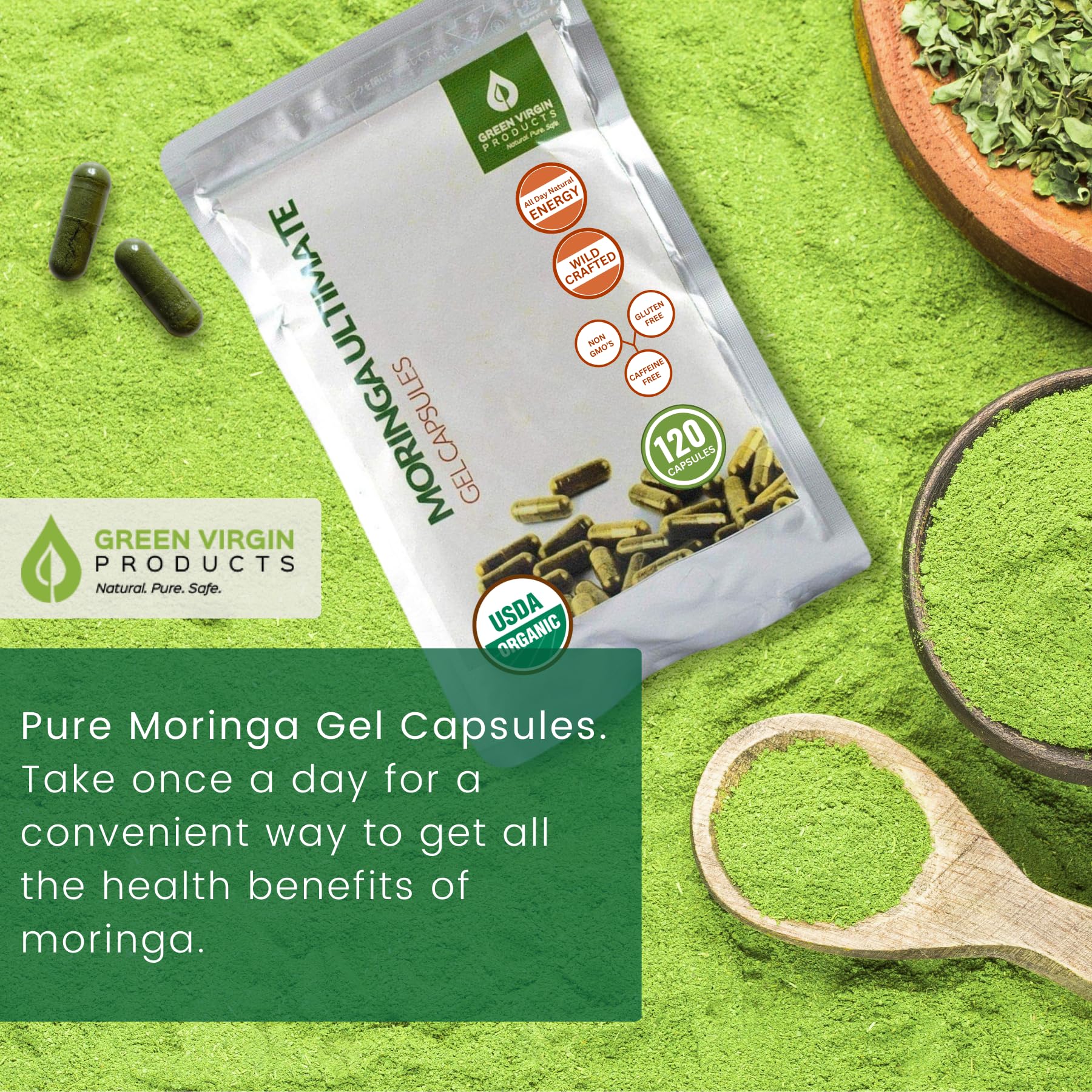 Green Virgin Products Moringa | 90 Vegan Capsules | Certified Organic | Pure Moringa Leaf Powder