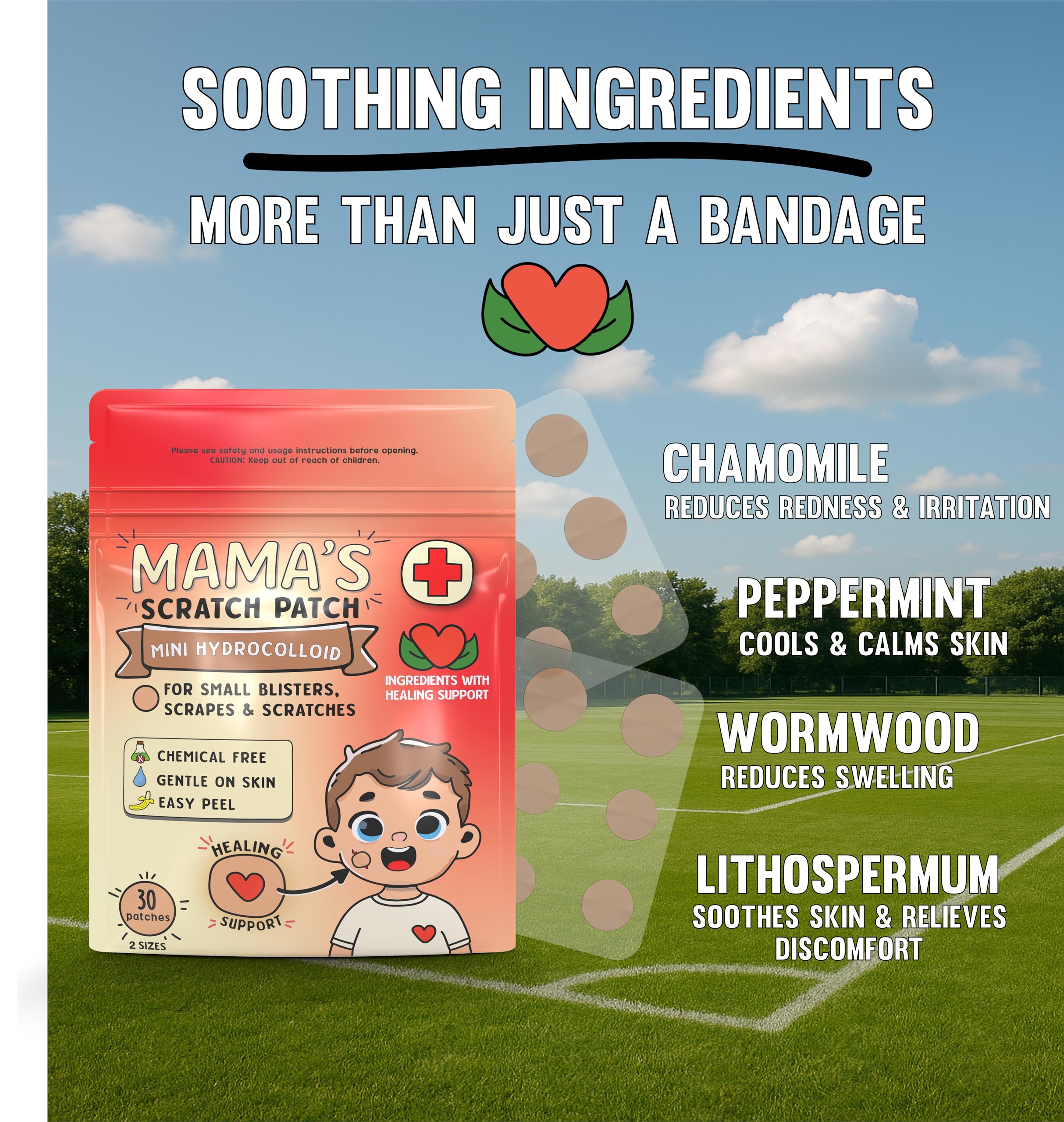 MAMA'S Scratch Patch - Hypoallergenic Bandage Healing Patches for Scrapes, Blisters, and Minor Cuts - Easy Peel, Fast Healing, Gentle on Sensitive Skin, Kid-Friendly Relief and Protection (30 Patches)