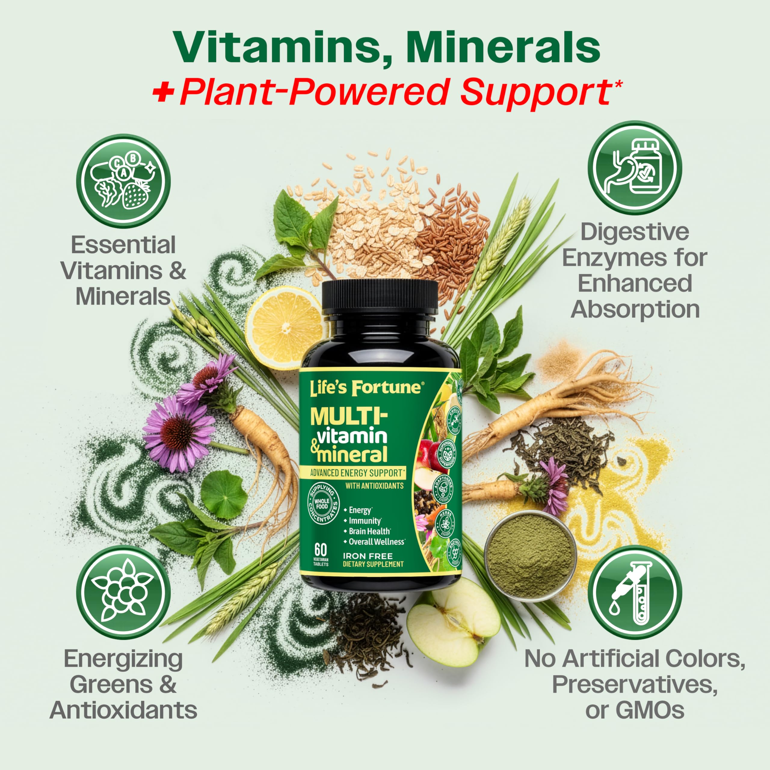 Life's Fortune Whole Food Multivitamin & Mineral Supplement for Men & Women | Daily Energy Support Vitamins | Immune, Brain & Metabolism Support | Iron Free, 60 Vegetarian Tablets
