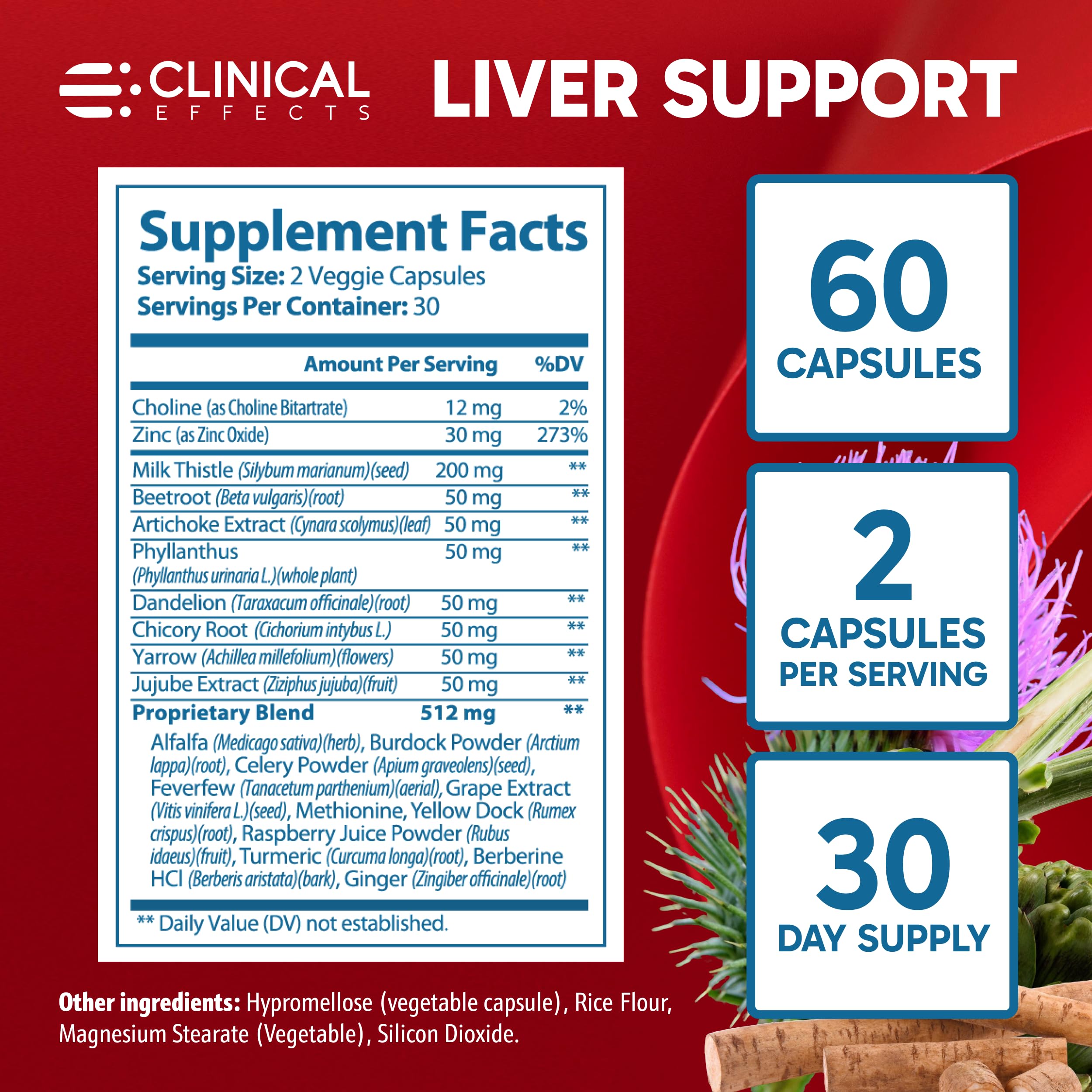 Clinical Effects: Liver Support - Natural Milk Thistle and Zinc Supplement - 60 Veggie Capsules - Helps Detox and Cleanse The Liver - Supports Liver Function and Digestive Health - Made in The USA