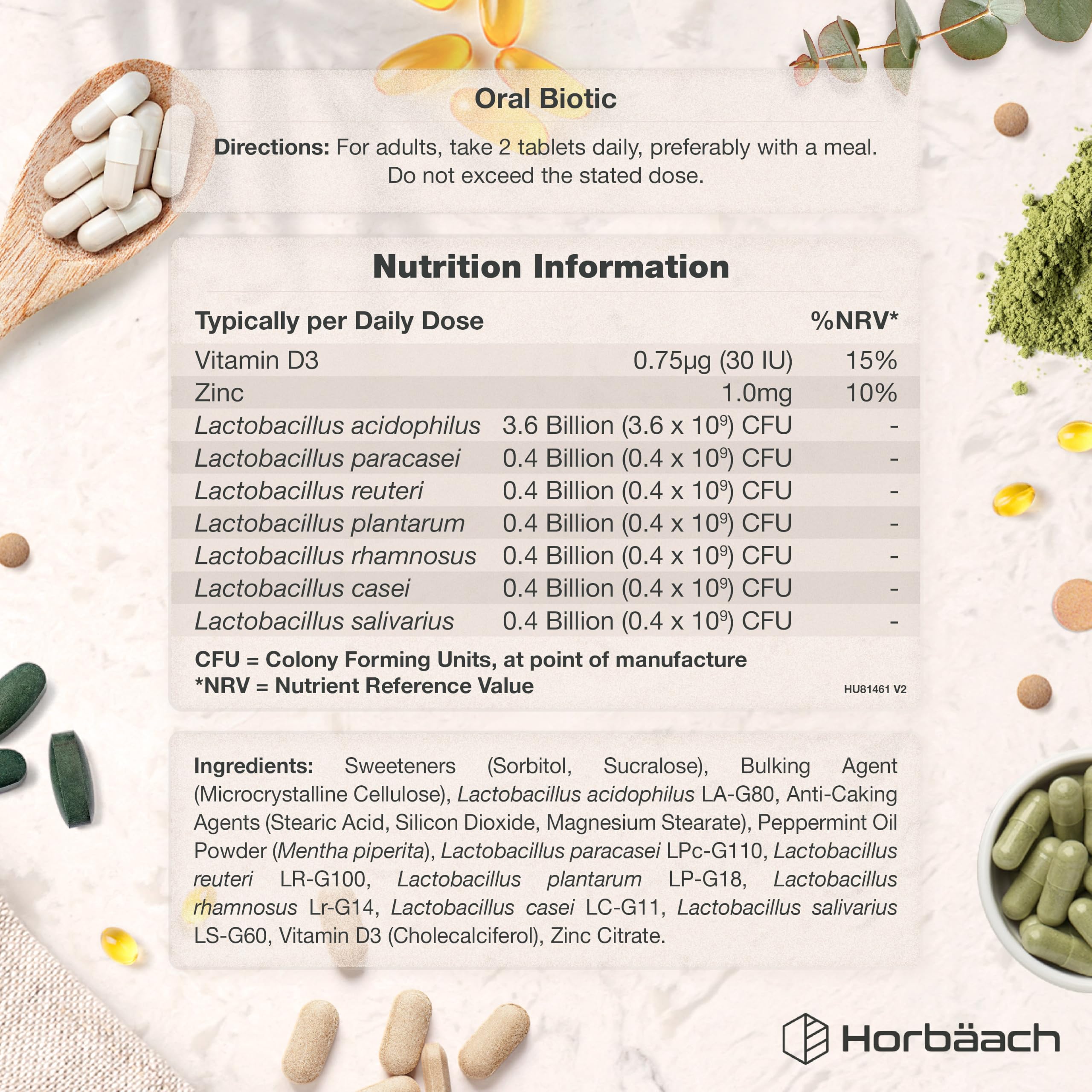 Oral Biotic for Mouth 6 Billion CFU | Advanced Dental Biotics for Adults | 7 Strains Including Lactobacillus Reuteri | 60 Vegan Chewable Tablets | Mint Flavour | by Horbaach