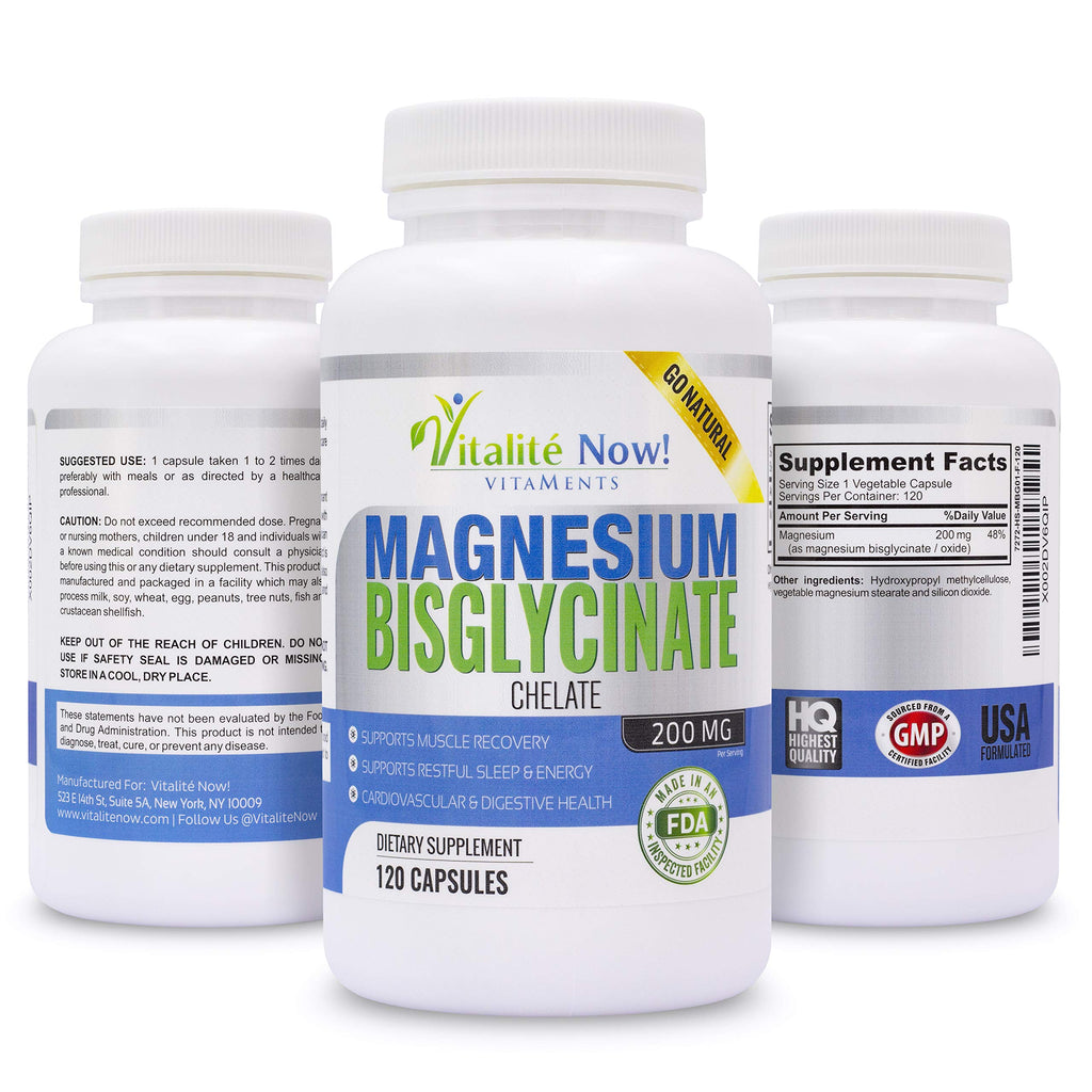 Vitalité Now! Magnesium Bisglycinate 200mg - 100% Chelated Capsules for Superior Absorption - Gentle Formula, No Laxative Effect - Sleep Energy Cramps Muscle Support - Fully Reacted & Buffered