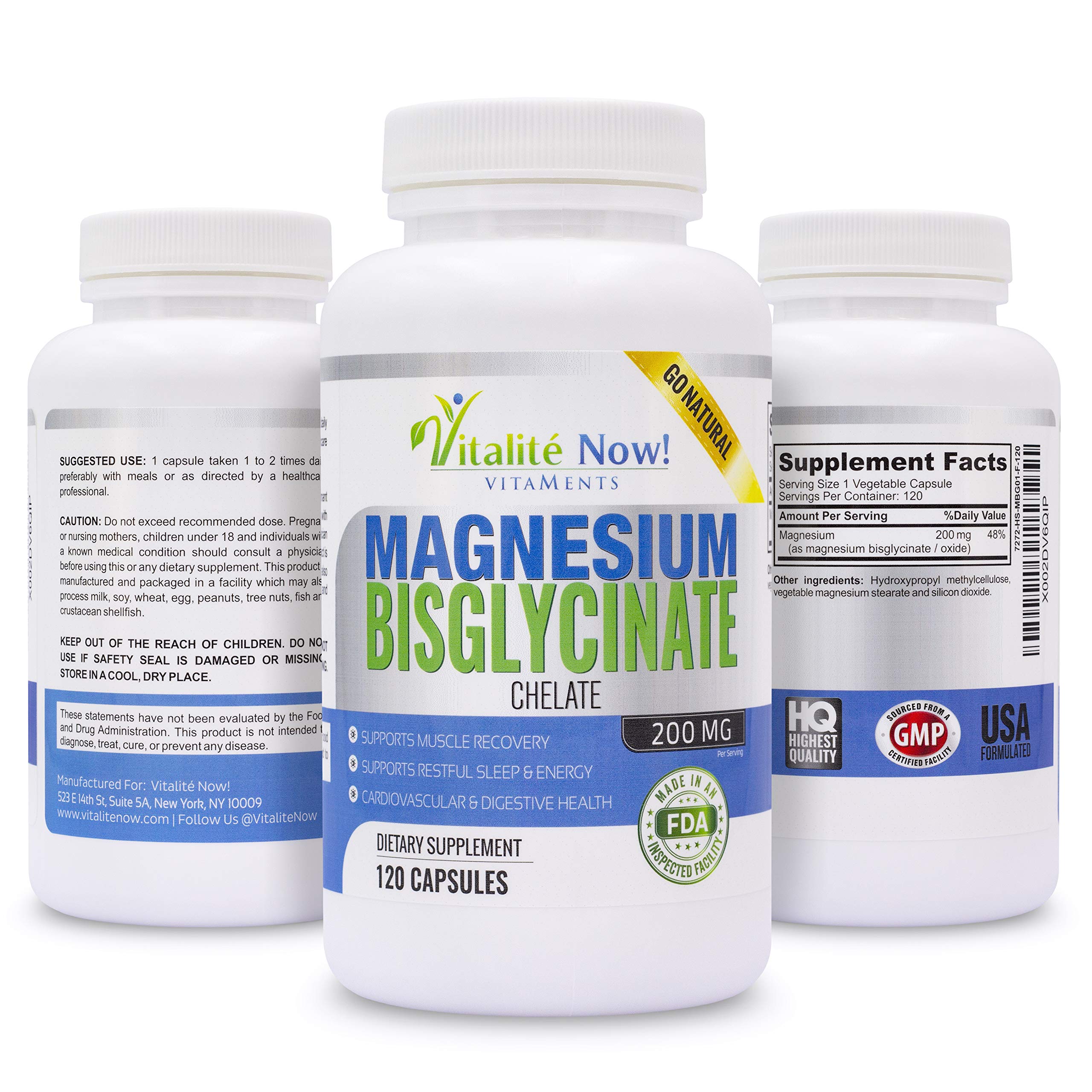 Vitalité Now! Magnesium Bisglycinate 200mg - 100% Chelated Capsules for Superior Absorption - Gentle Formula, No Laxative Effect - Sleep Energy Cramps Muscle Support - Fully Reacted & Buffered