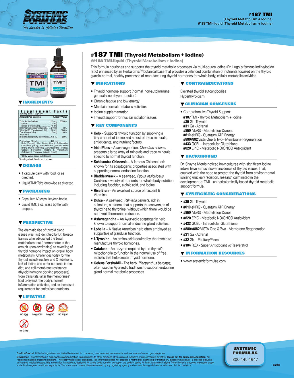 Systemic Formulas Bio Nutriment TMI Thyroid Metabolism + Iodine 60 Capsule #187. Iodine Supplement Thyroid Support for Women and Men Iodine Pills Kelp