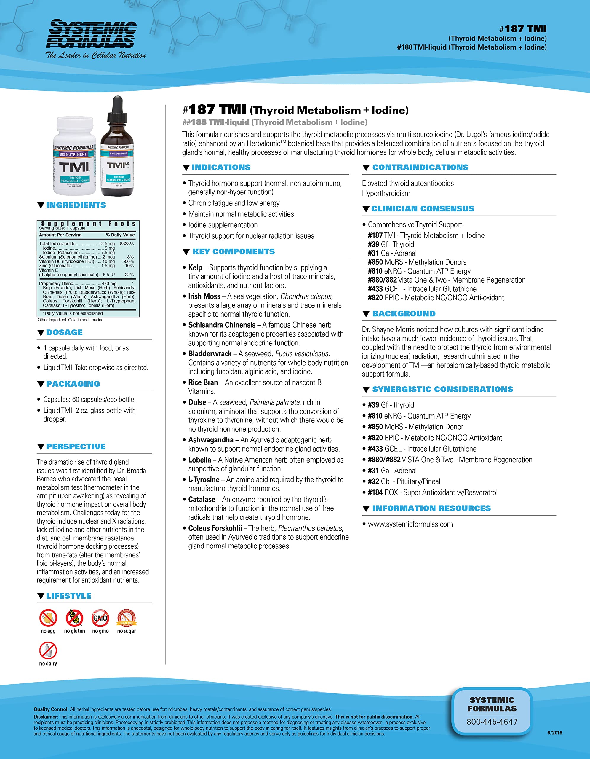 Systemic Formulas Bio Nutriment TMI Thyroid Metabolism + Iodine 60 Capsule #187. Iodine Supplement Thyroid Support for Women and Men Iodine Pills Kelp