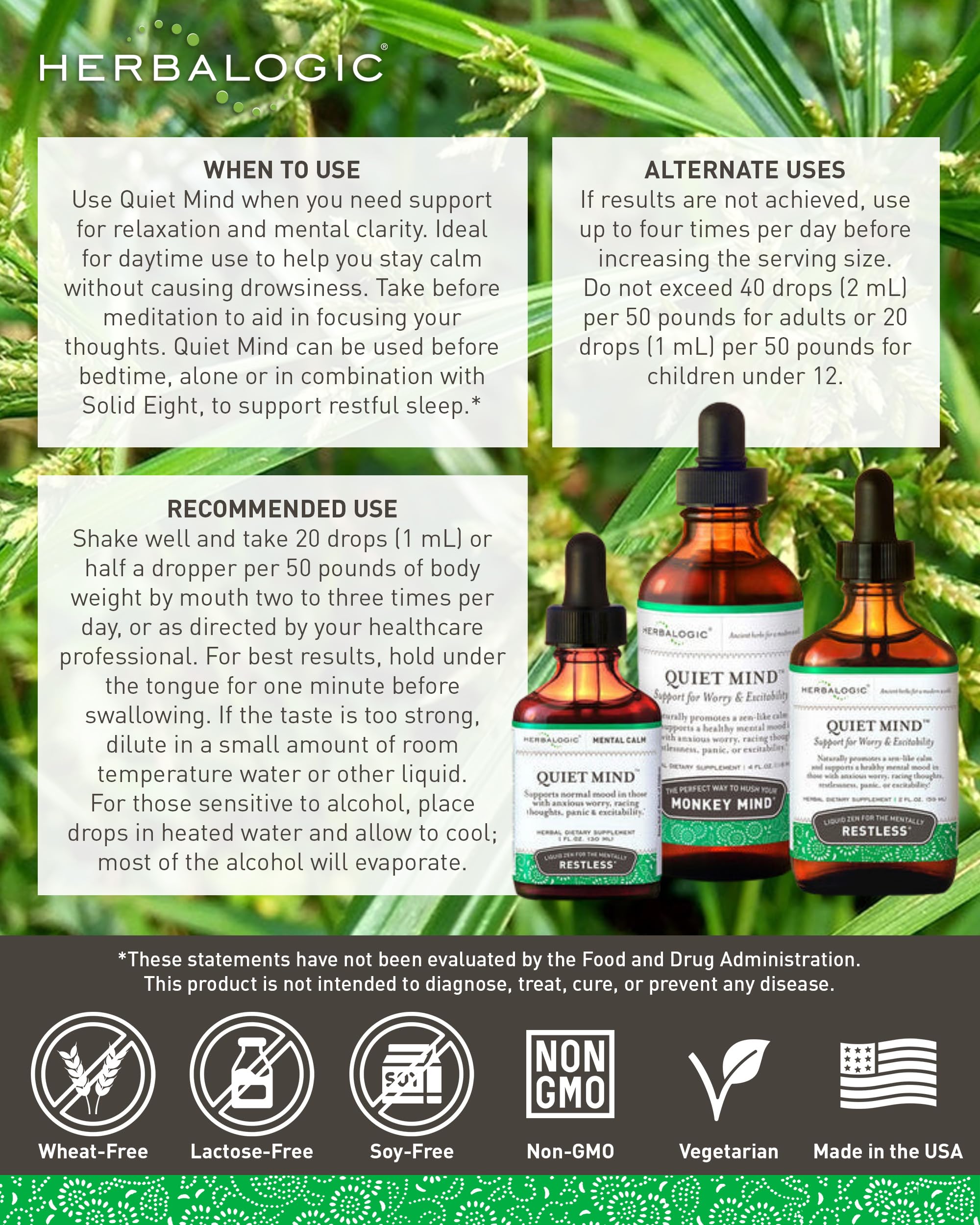 Herbalogic - Quiet Mind Liquid Herb Drops - Non-Sedating, Promotes a Feeling of Zen-Like Calm - Eases Worry and Panicky Mood - Based on the Traditional Chinese Formula GUI Pi Tang - 2 Fl. Oz.