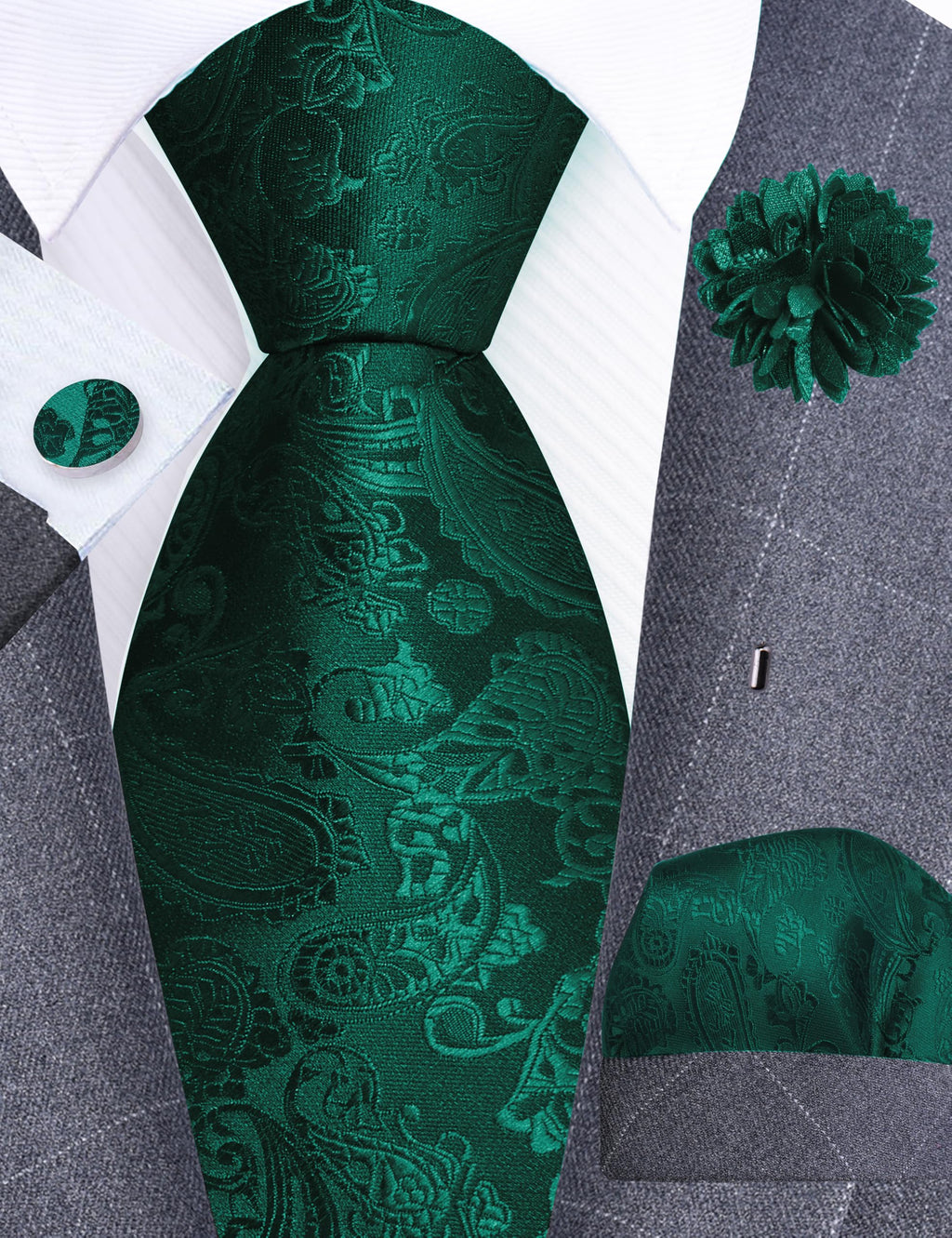 Gusleson Green Tie for Wedding Mens Silk Paisley Emerald Green Necktie Pocket Square Cufflinks and Lapel Pin Brooch Set (UK6105-37)