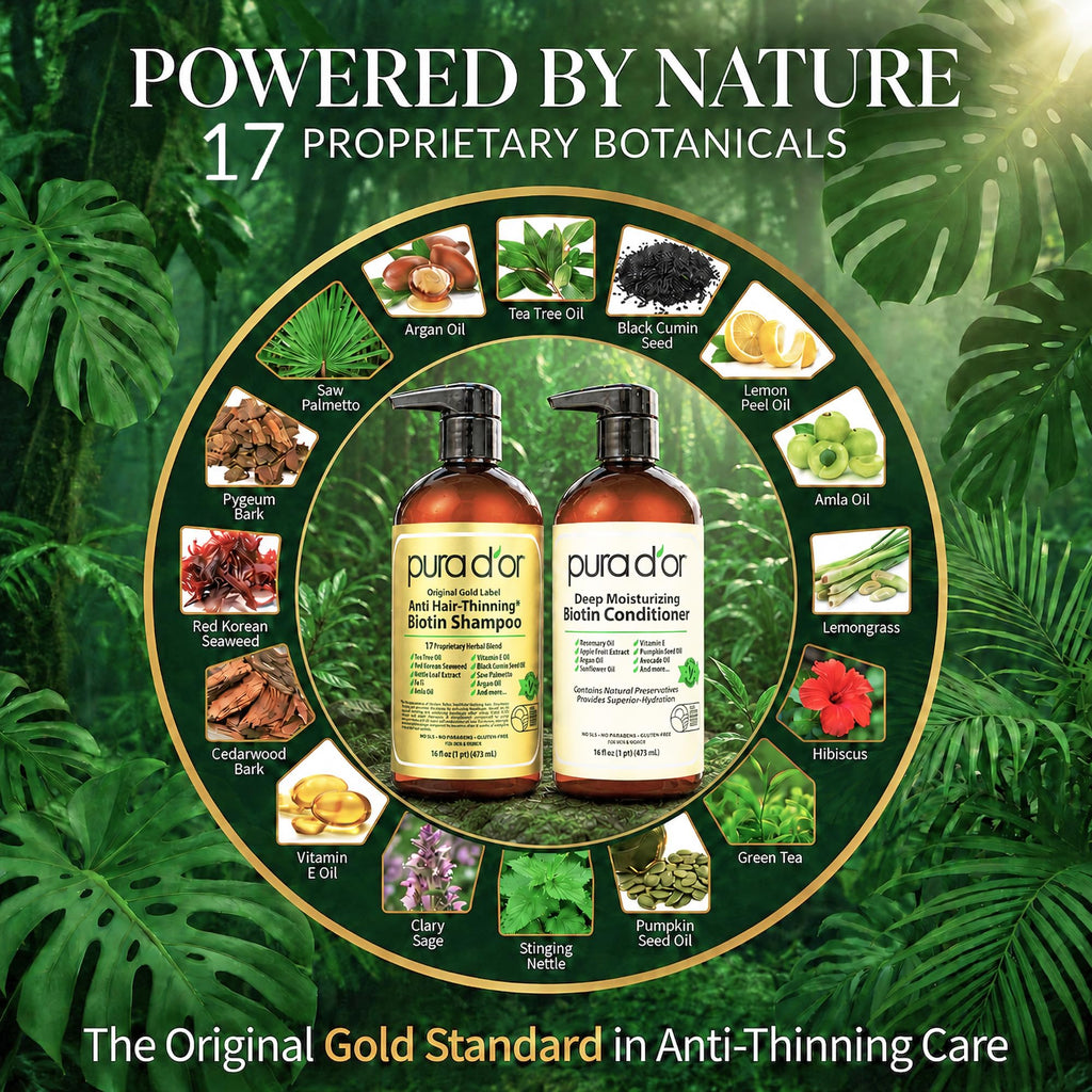 PURA D'OR Anti-Thinning Biotin Shampoo & Hair Regrowth Conditioner, CLINICALLY TESTED Effective Results, Thickening Herbal Blend For Women & Men, Original Gold Label Set, Natural Earthy Scent, 16oz x2
