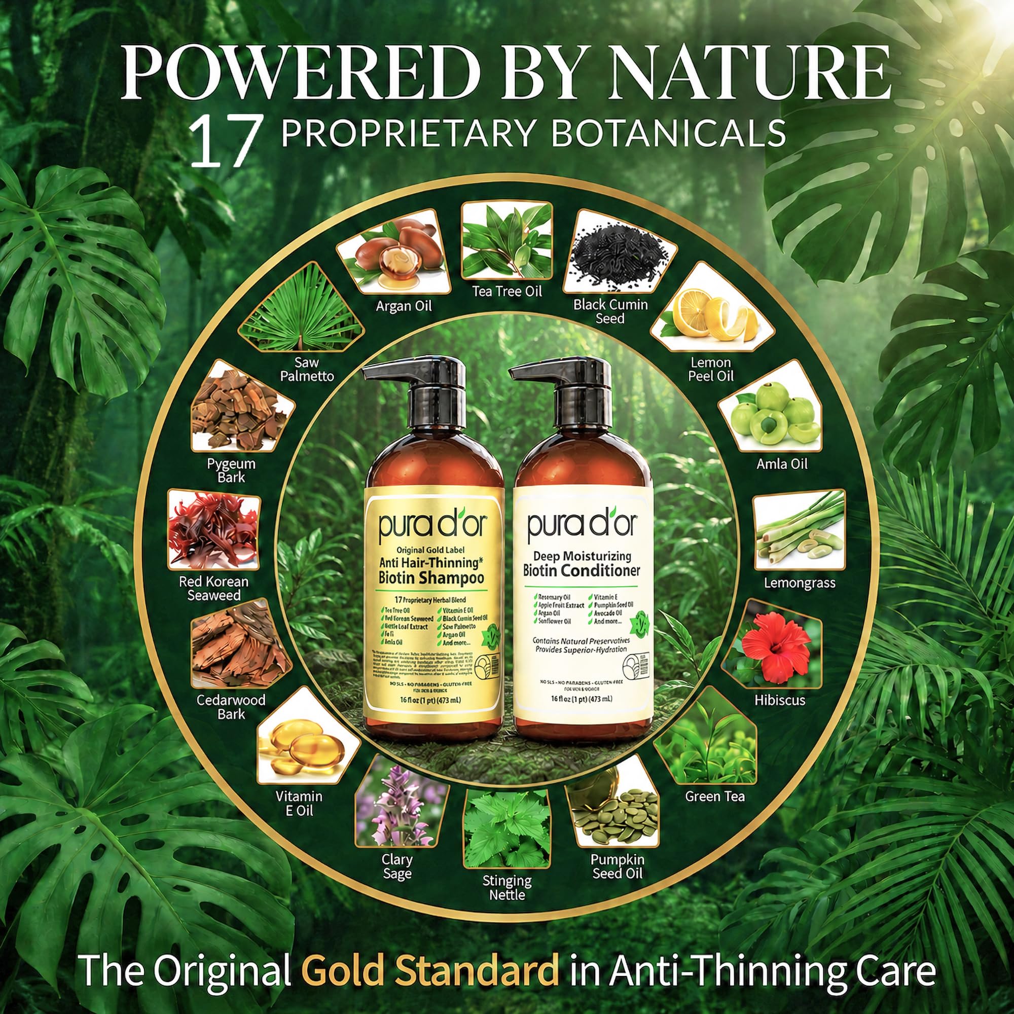 PURA D'OR Anti-Thinning Biotin Shampoo & Hair Regrowth Conditioner, CLINICALLY TESTED Effective Results, Thickening Herbal Blend For Women & Men, Original Gold Label Set, Natural Earthy Scent, 16oz x2