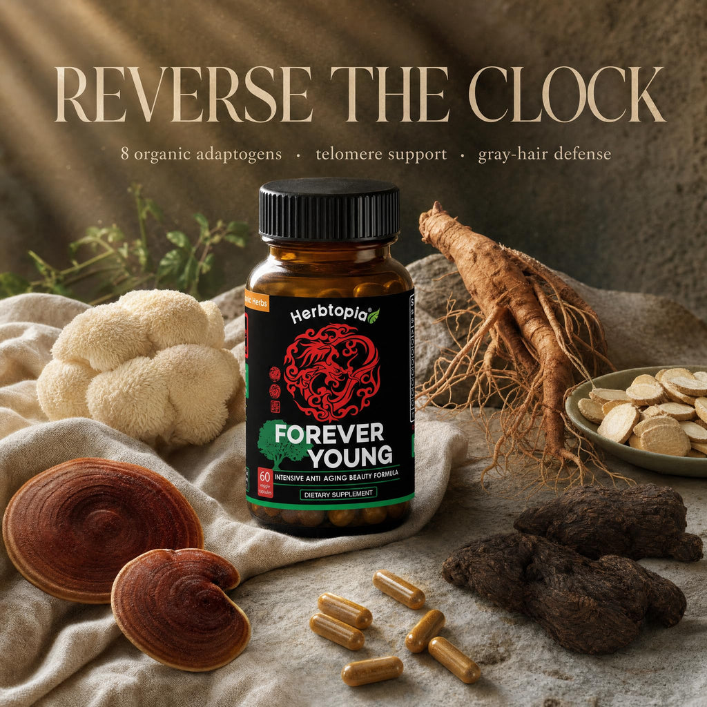 Herbtopia Forever Young Anti Aging Adaptogen Supplement with Organic Red Ginseng, Astragalus, Reishi, Lion's Mane & Codonopsis — Supports Immune Function, Healthy Aging & Longevity | 60 Vegan Caps