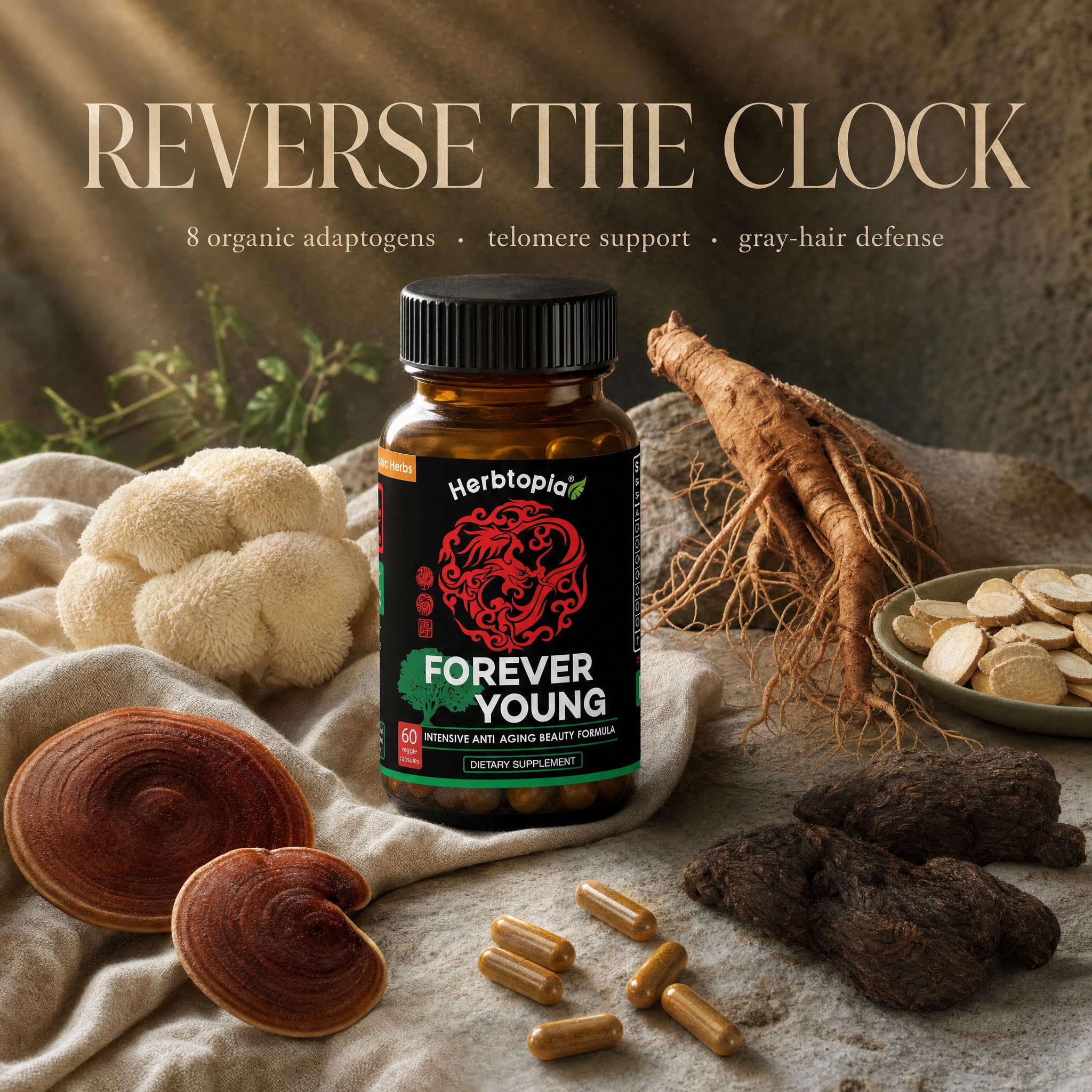 Herbtopia Forever Young Anti Aging Adaptogen Supplement with Organic Red Ginseng, Astragalus, Reishi, Lion's Mane & Codonopsis — Supports Immune Function, Healthy Aging & Longevity | 60 Vegan Caps