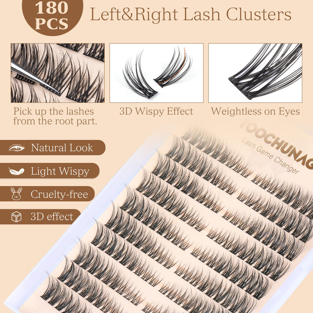 Natural Lash Clusters Wispy Eyelash Clusters C Curl Left&Right Cluster Eyelashes Extensions 180pcs Cluster Lashes DIY Individual Lash Extension Thin Band Cat Eye Lashes by TOOCHUNAG
