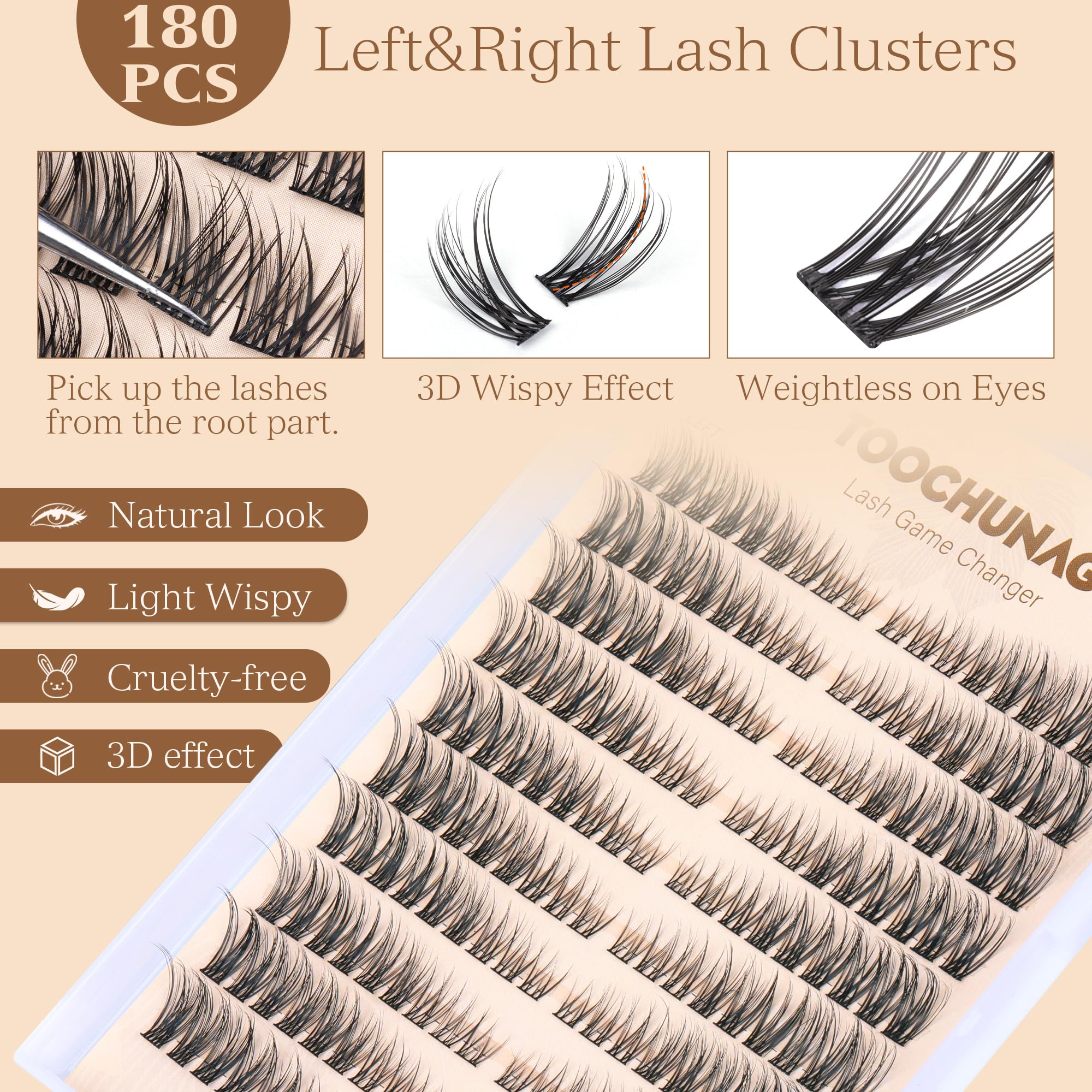Natural Lash Clusters Wispy Eyelash Clusters C Curl Left&Right Cluster Eyelashes Extensions 180pcs Cluster Lashes DIY Individual Lash Extension Thin Band Cat Eye Lashes by TOOCHUNAG