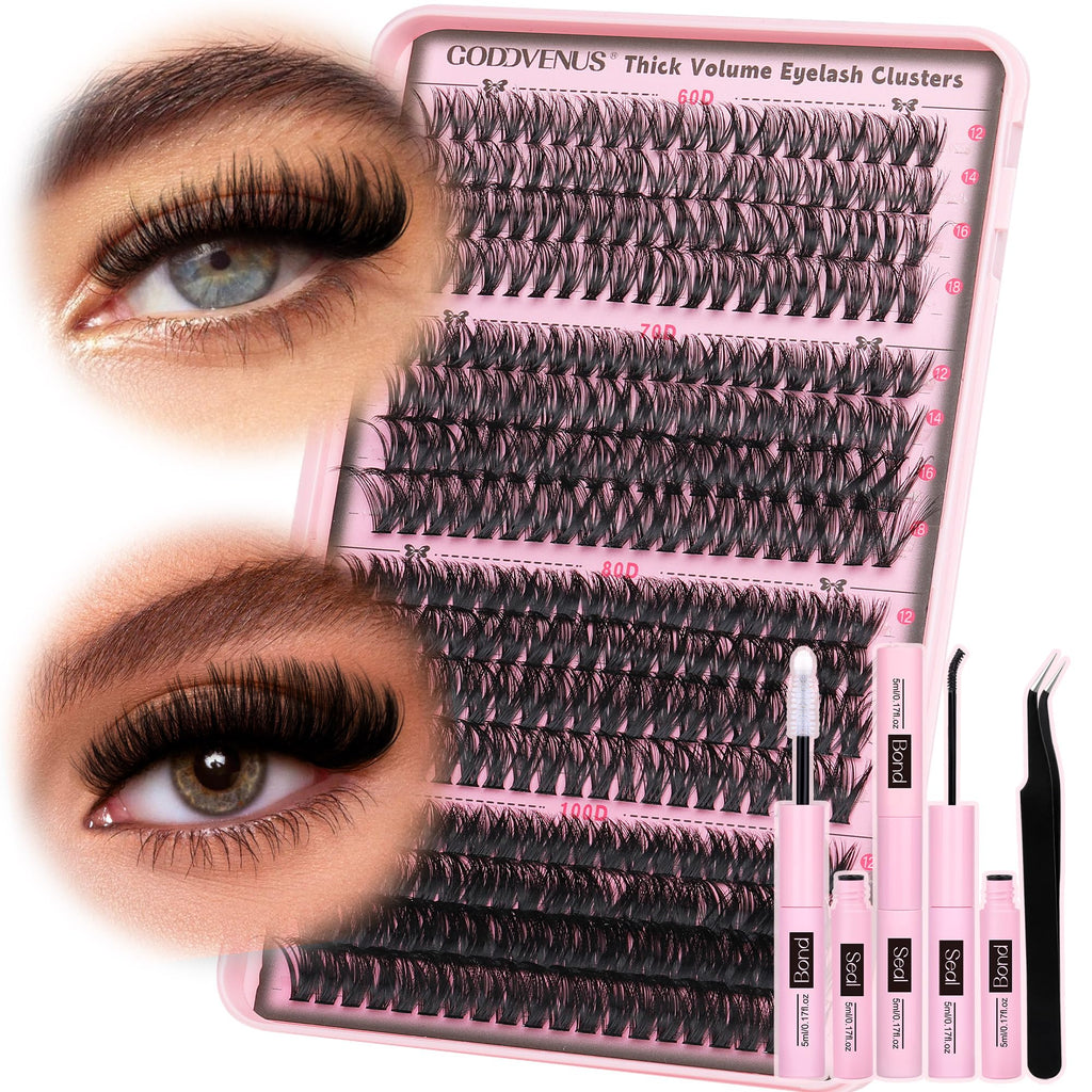 Goddvenus Eyelash Clusters Kit 60+70+80+100D Individual Lashes 320Pcs 12-18mm Lash Extension Kit Wispy Eyelash Extension Kit Fluffy Volume Waterproof Cluster Eyelash Extensions Kit