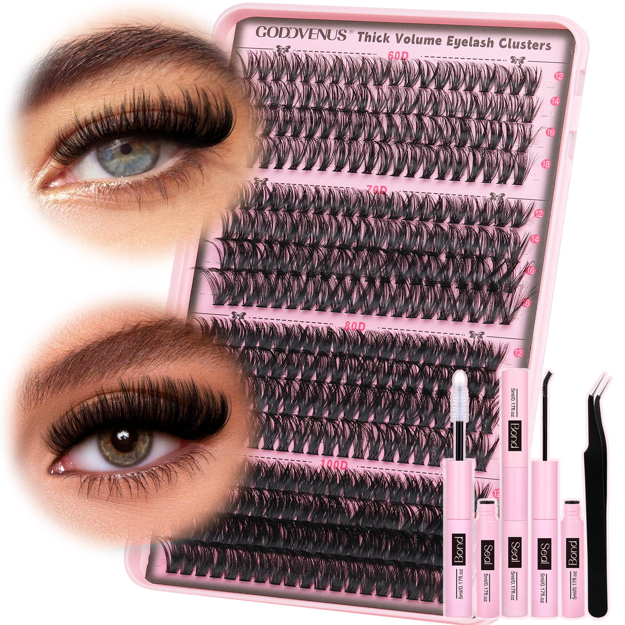 Goddvenus Eyelash Clusters Kit 60+70+80+100D Individual Lashes 320Pcs 12-18mm Lash Extension Kit Wispy Eyelash Extension Kit Fluffy Volume Waterproof Cluster Eyelash Extensions Kit