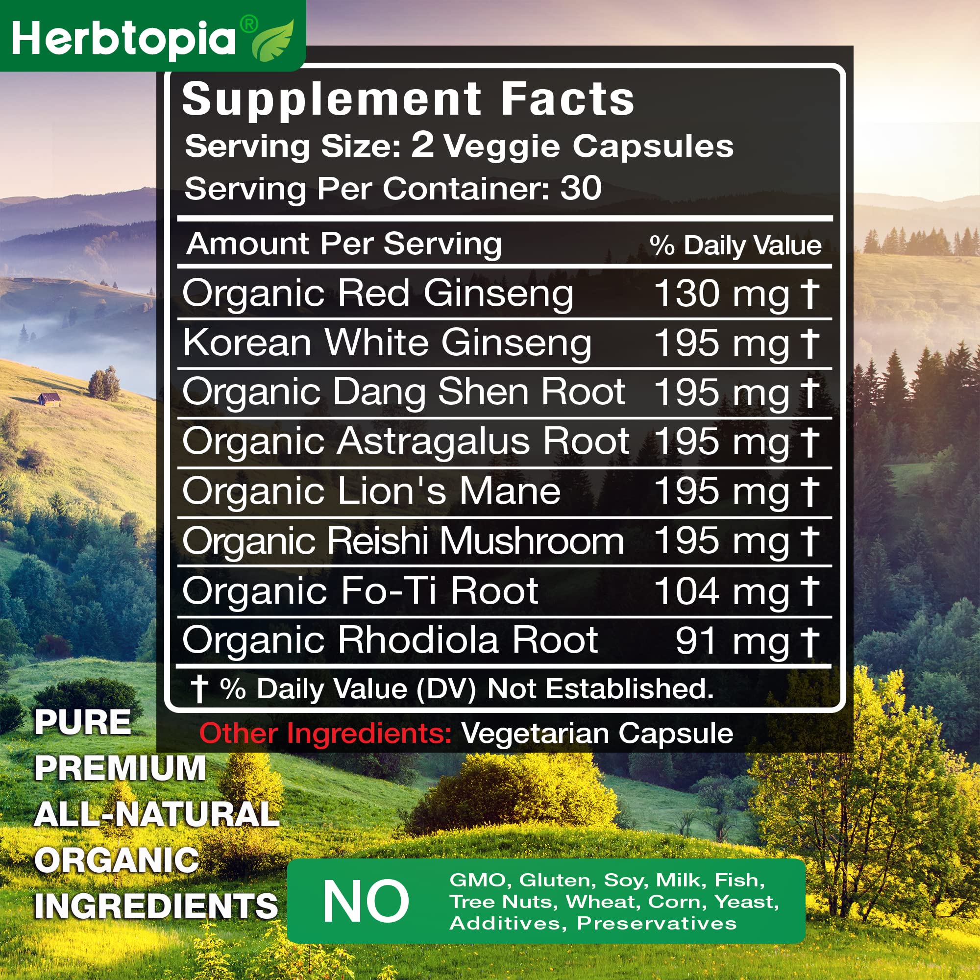 Herbtopia Forever Young Anti Aging Adaptogen Supplement with Organic Red Ginseng, Astragalus, Reishi, Lion's Mane & Codonopsis — Supports Immune Function, Healthy Aging & Longevity | 60 Vegan Caps