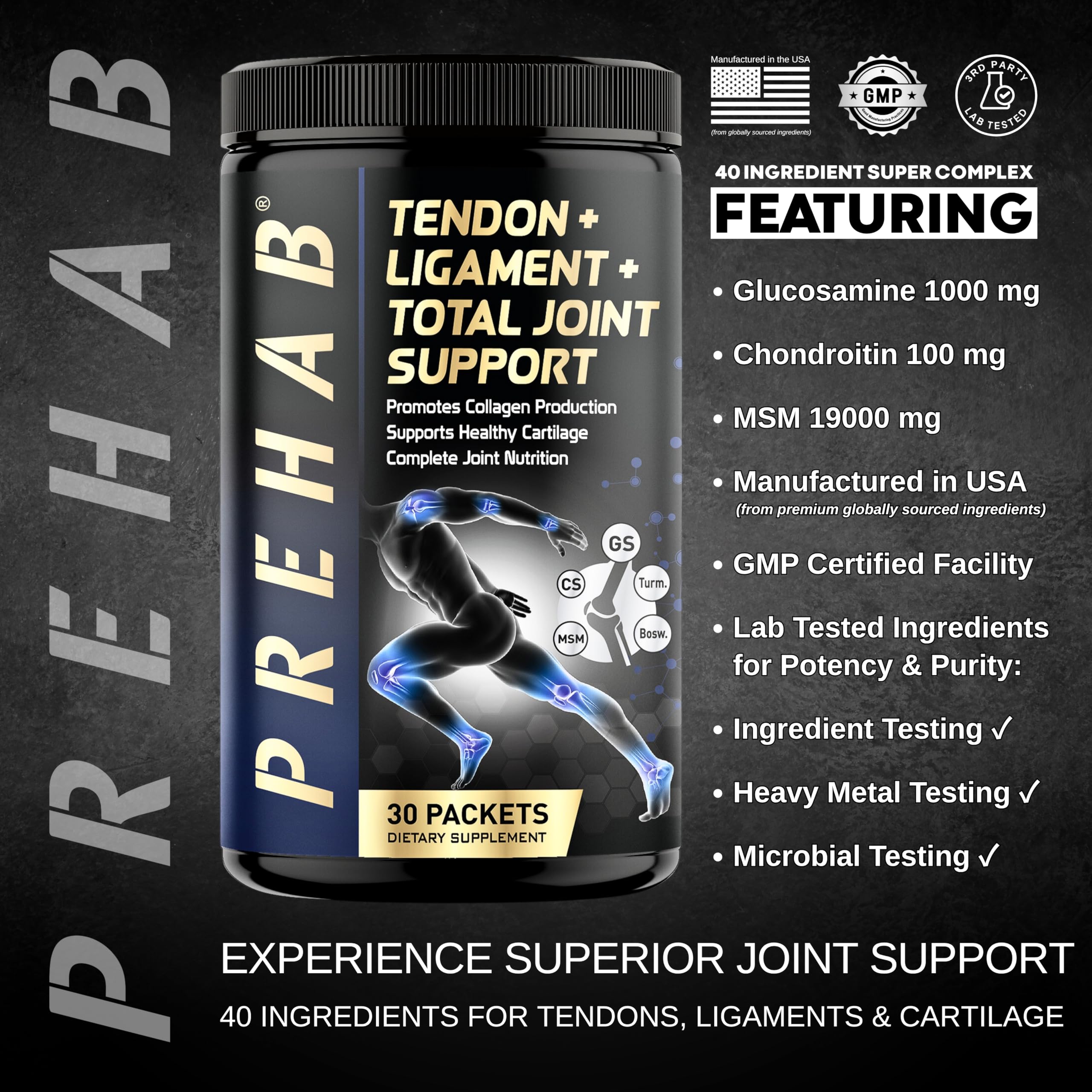 PREHAB Tendon + Ligament + Total Joint Support | #1 Joint Supplement for Athletes | 40 Ingredient Super Complex | Glucosamine Chondroitin MSM Turmeric | Premium Tendon Ligament Joint Supplement