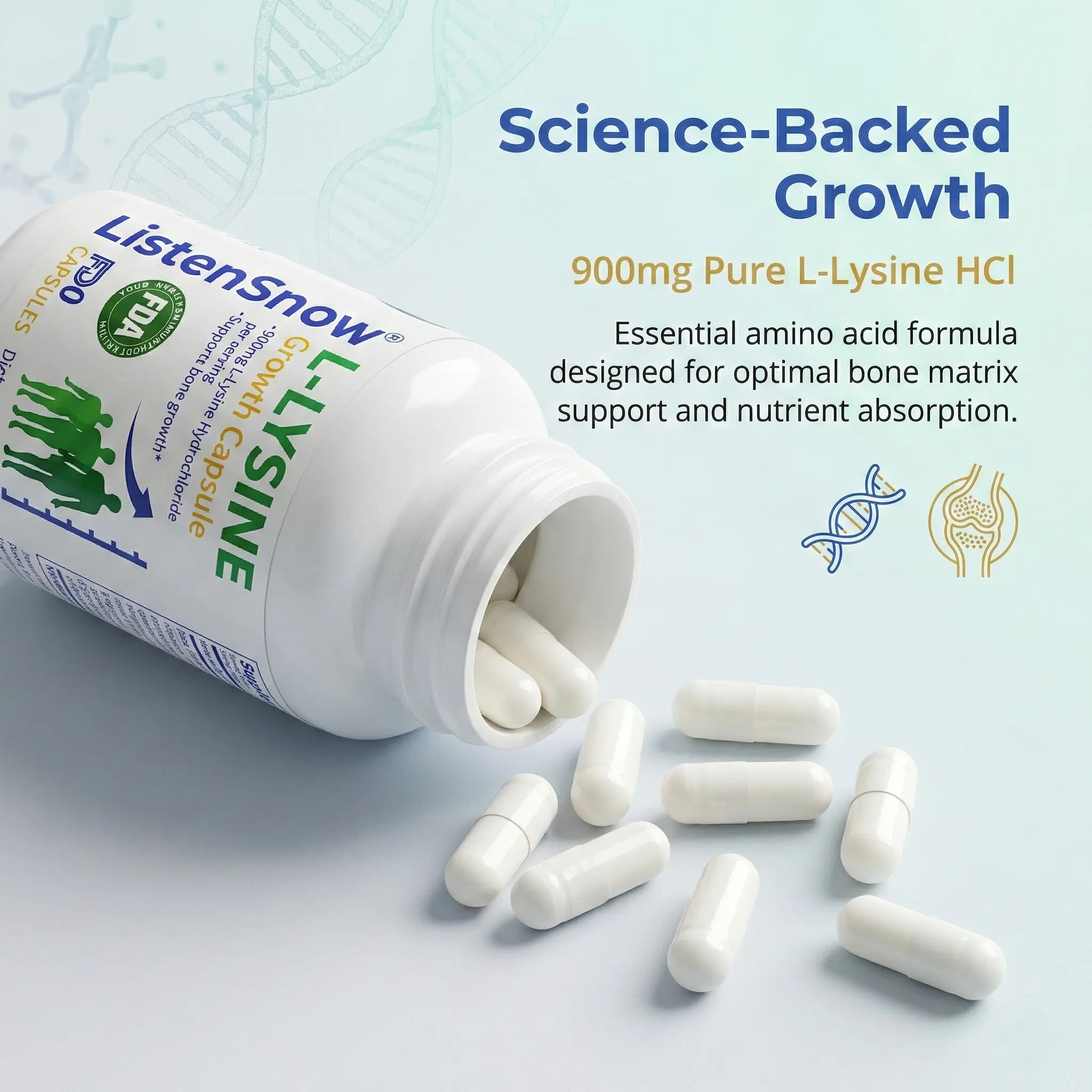 Growth Capsules L-LYSINE Height Increase Maximizer with Calcium for Bone Strength -Natural Get Taller Supplement