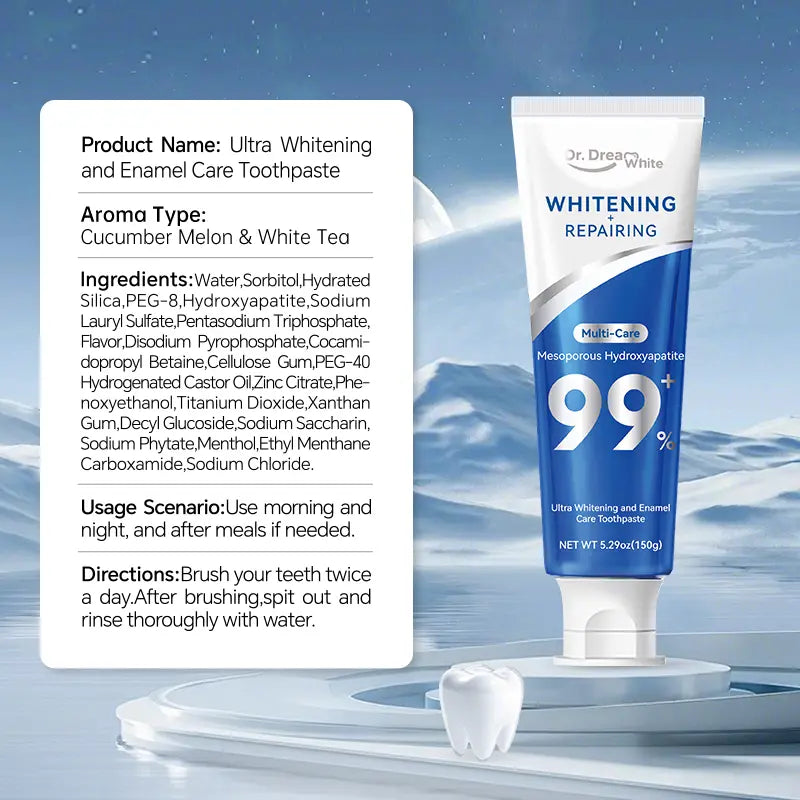 Dr.Dreamwhite Mesoporous 99%Hydroxyapatite Nhap Toothpaste Oral Care | Ultra Whitening & Enamel Reparing | Freshens Breath | Fights Plaque | Non Fluoride | Cucumber Melon & White Tea Flavor | 5.29Oz | 4 Tubes Pack