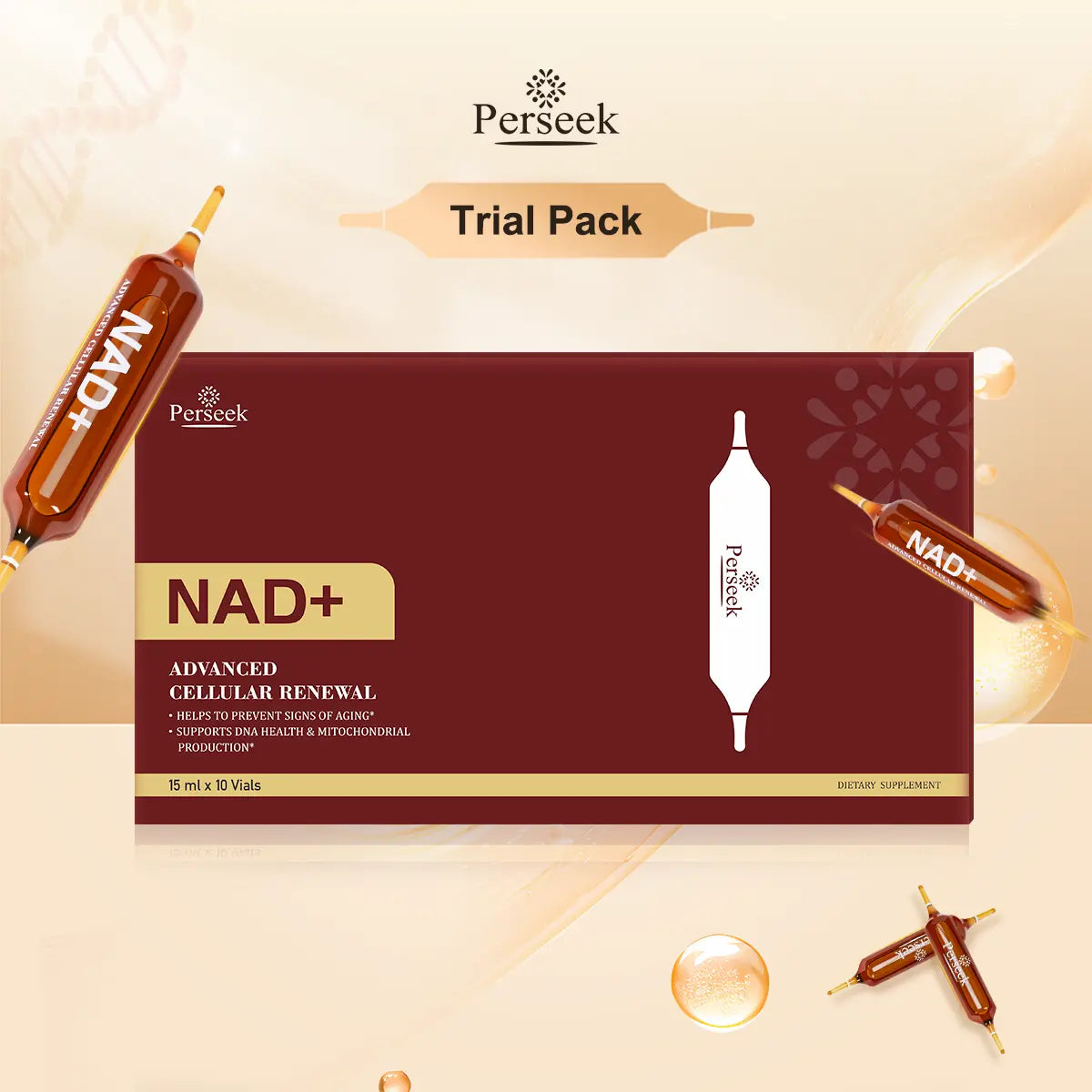 Perseek NAD Edible Antioxidant Dietary Supplement for Anti-Aging - 1200Mg Advanced Cellular Renewal, Enhances Skin, Energy & Focus - 10 Vials, Supports Health & Wellness