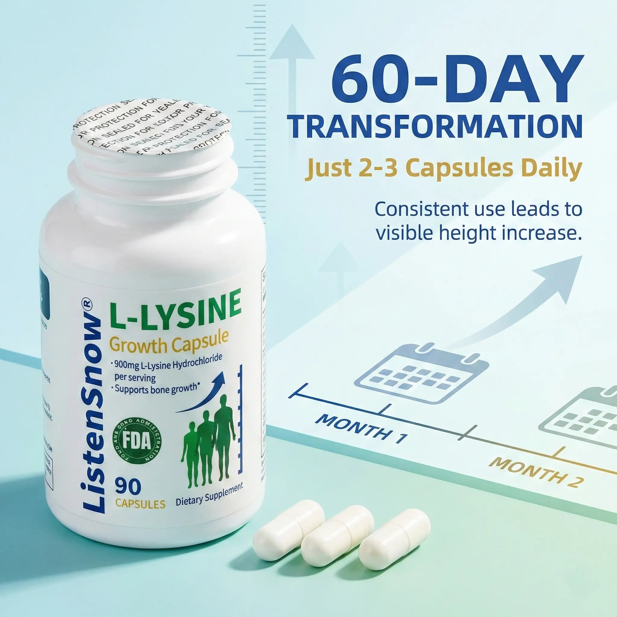 Growth Capsules L-LYSINE Height Increase Maximizer with Calcium for Bone Strength -Natural Get Taller Supplement