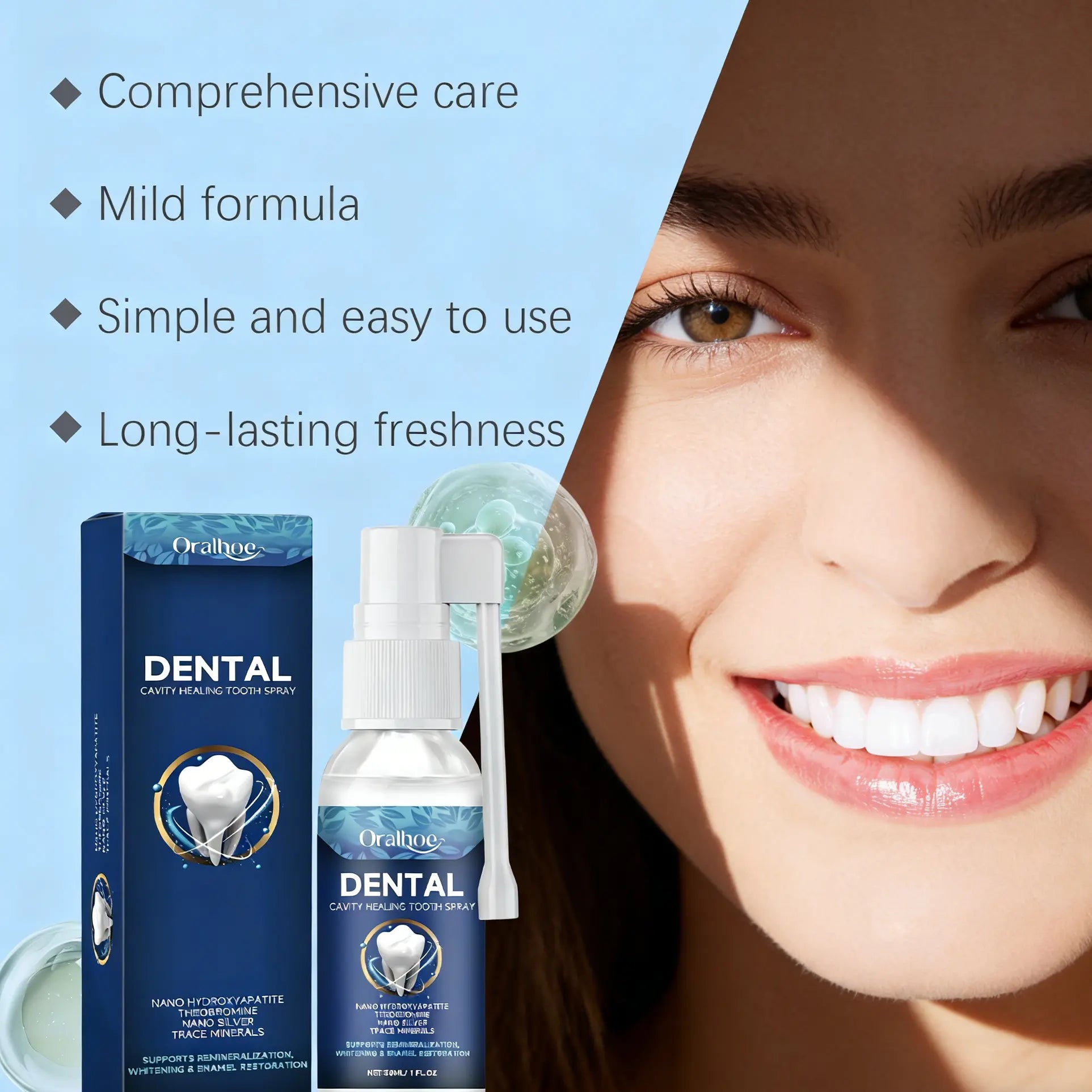 Oralhoe Dental Care Spray with Hydroxyapatite & Colloidal Silver Protects Teeth Reduces Stains and Sensitivity for Natural Cleanliness