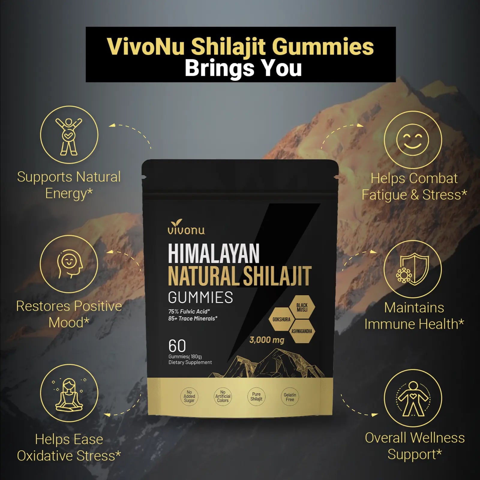 Vivonu Himalayan Shilajit Gummies | with Ashwagandha, Gokshura & Other Herbs | No Added Sugar | 60 Gummies Summervibes